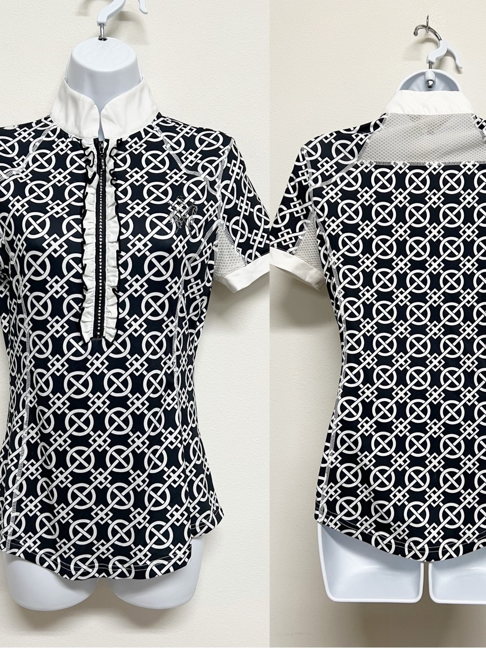 Goode Rider Womens Black Patterened Ideal Show Ruffle Half Zip Shirt Size XS - Picture 9 of 12